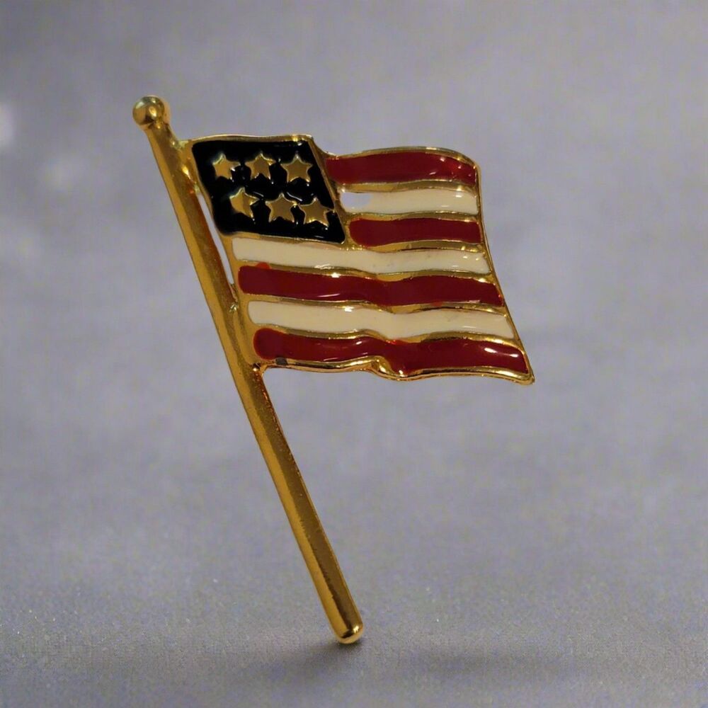 Vintage Gold Tone American Flag Brooch – Red White & Blue Enamel Pin